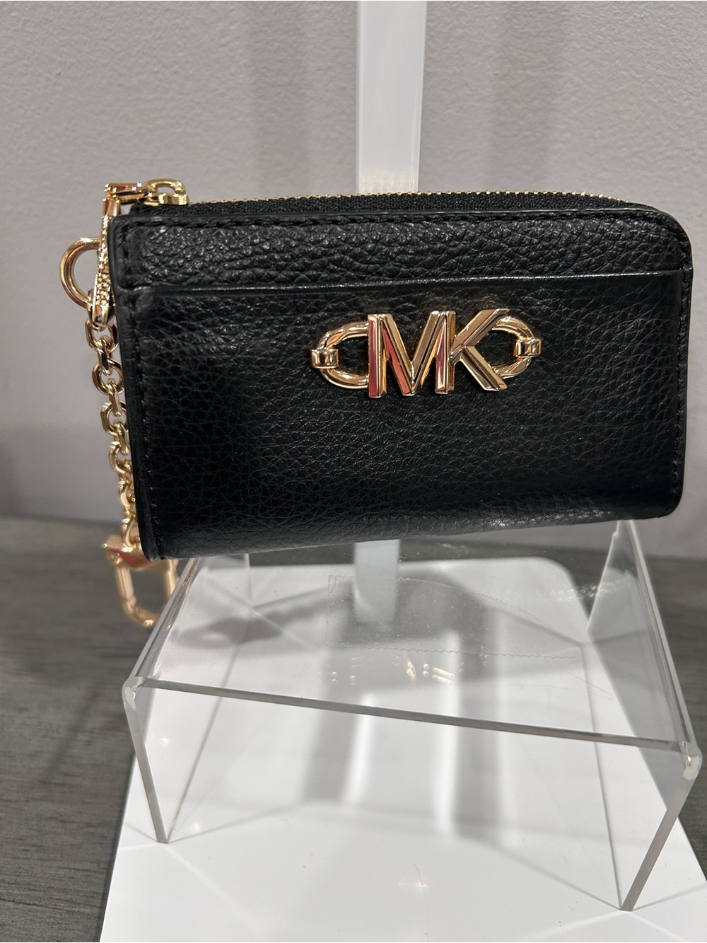 Michael Kors Black Leather MK Logo Zip Card Case